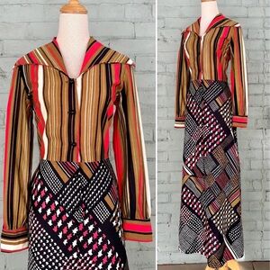 Vintage 70s Striped Patchwork Pattern Maxi Dress